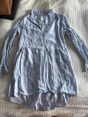 Light Blue Button-Front Linen Tunic Dress